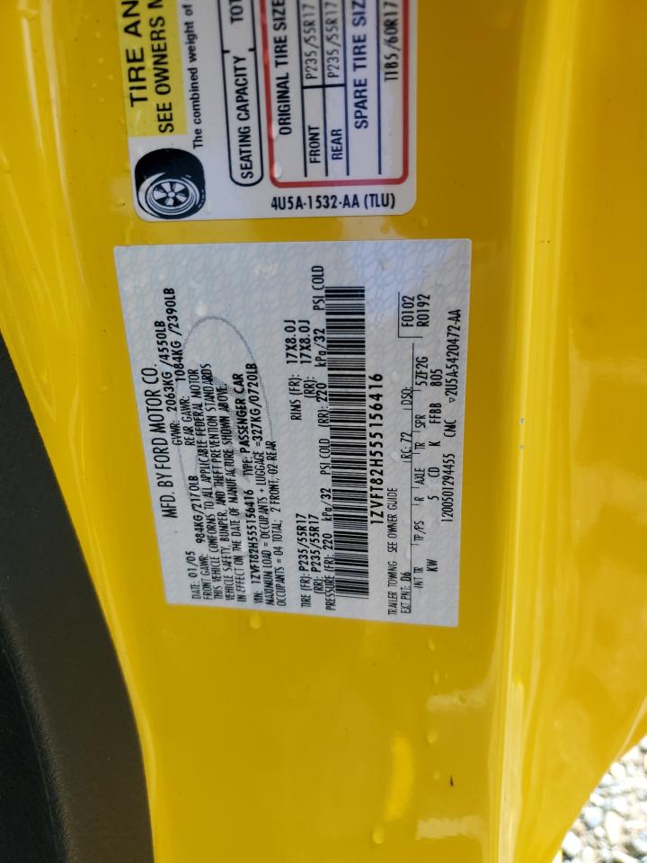 2005 Ford Mustang VIN 1ZVFT82H555156416 Copart auction photo, water/flood damage thumbnail 12