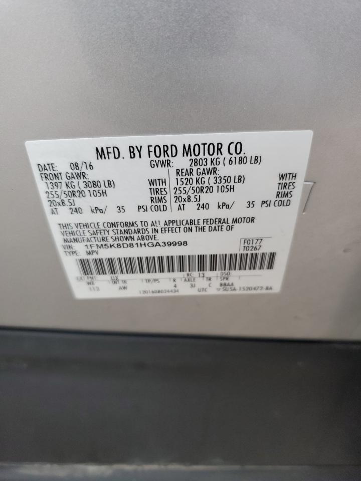 2017 Ford Explorer VIN 1FM5K8D81HGA39998 Copart auction photo, front end damage thumbnail 13