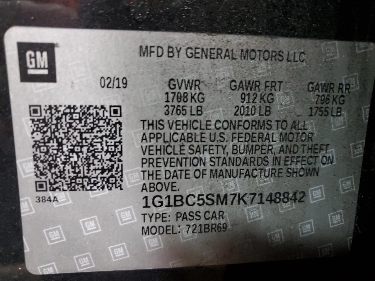 2019 Chevrolet Cruze VIN 1G1BC5SM7K7148842 Copart auction photo, rear end damage thumbnail 12