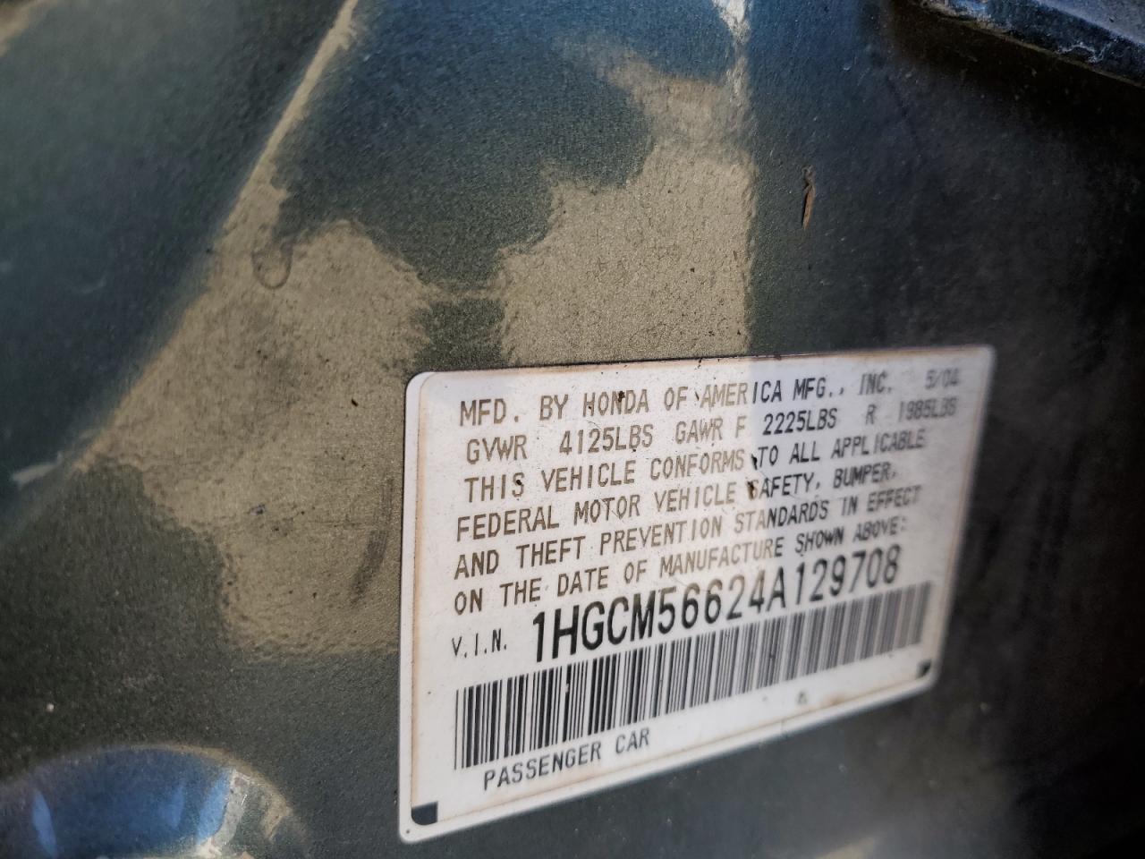 2004 Honda Accord VIN 1HGCM56624A129708 Copart auction photo, side / rear end damage thumbnail 12
