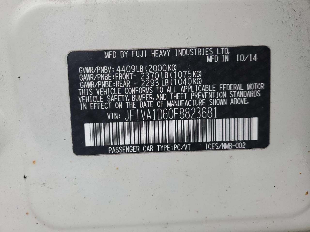 2015 Subaru WRX VIN JF1VA1D60F8823681 Copart auction photo, front end damage thumbnail 13