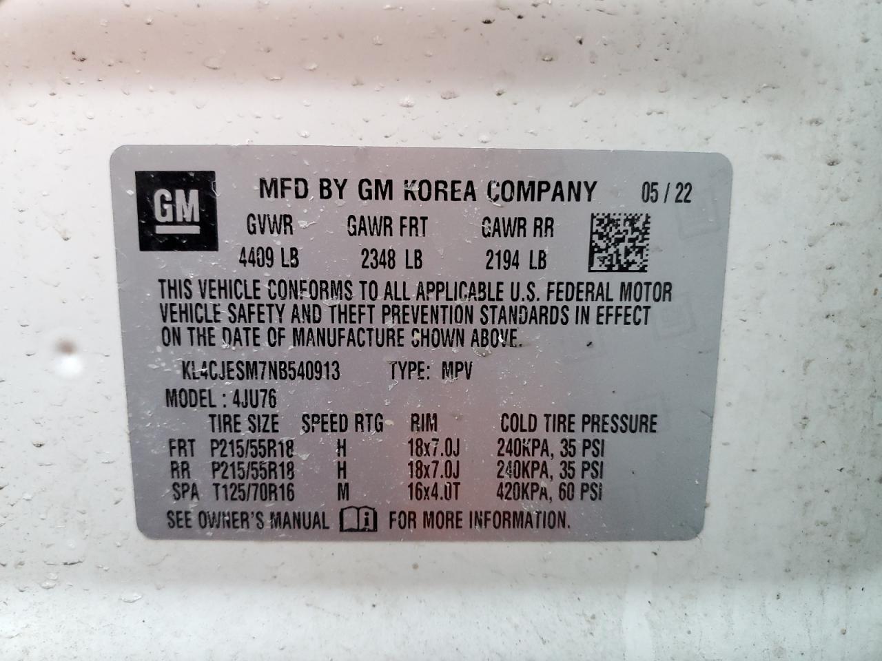 2022 Buick Encore VIN KL4CJESM7NB540913 Copart auction photo, front end / minor dent/scratches damage thumbnail 12