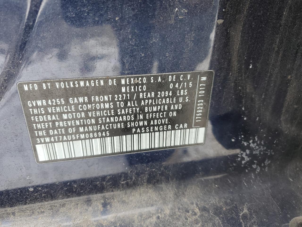 2015 Volkswagen GTI VIN 3VW4T7AU5FM086945 Copart auction photo, mechanical / rear end damage thumbnail 12