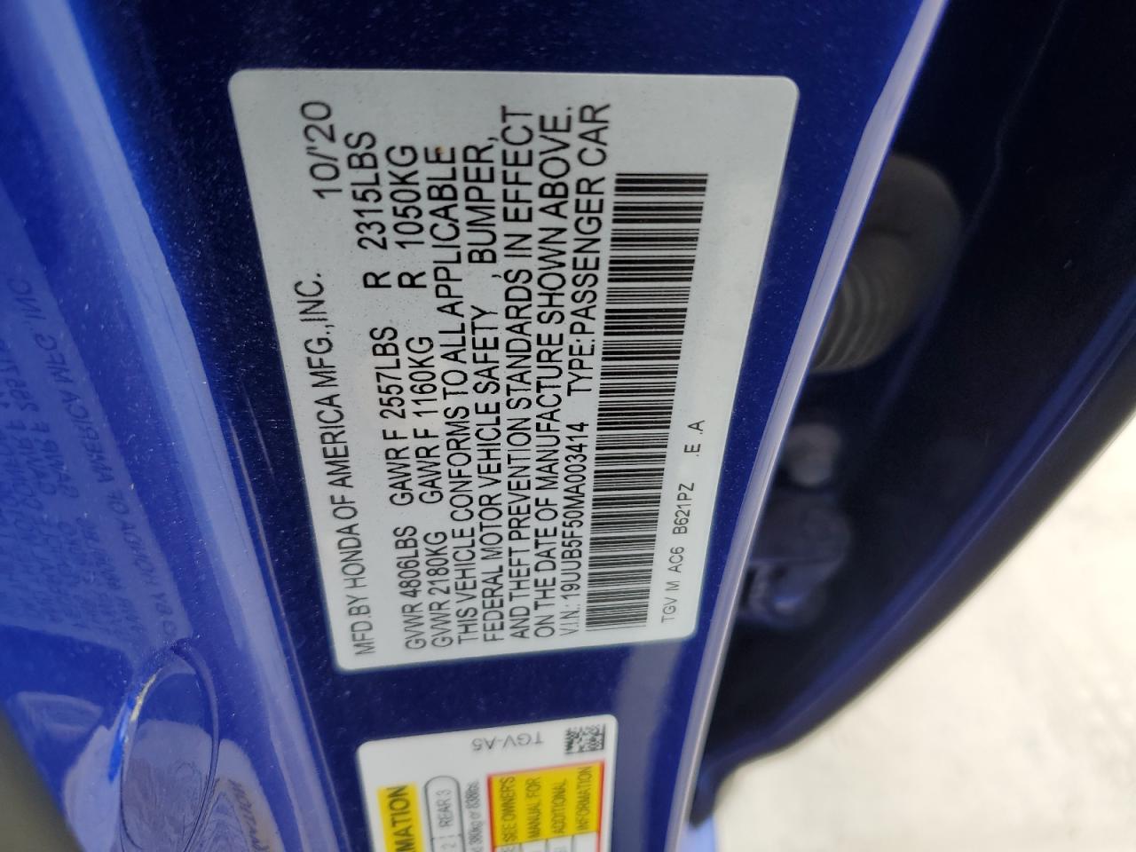 2021 Acura TLX VIN 19UUB5F50MA003414 Copart auction photo, rear end damage thumbnail 12
