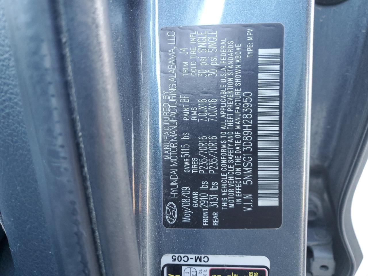 2009 Hyundai Santa Fe VIN 5NMSG13D89H283950 Copart auction photo, mechanical damage thumbnail 13
