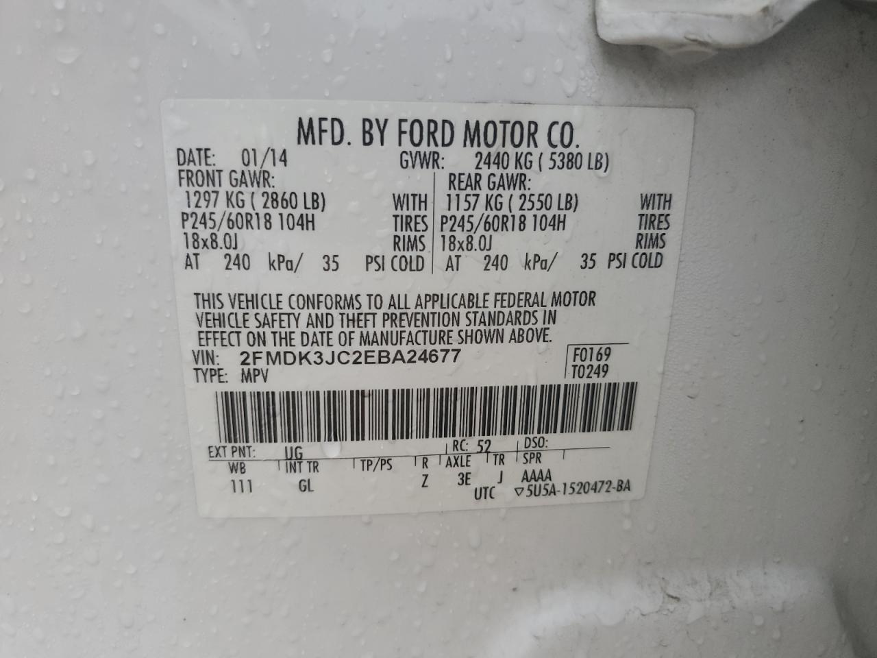 2014 Ford Edge VIN 2FMDK3JC2EBA24677 Copart auction photo, front end damage thumbnail 15