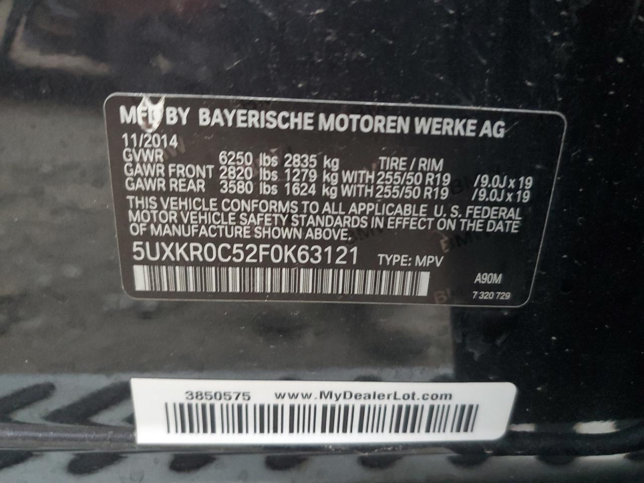 2015 BMW X5 VIN 5UXKR0C52F0K63121 Copart auction photo, minor dent/scratches damage thumbnail 13