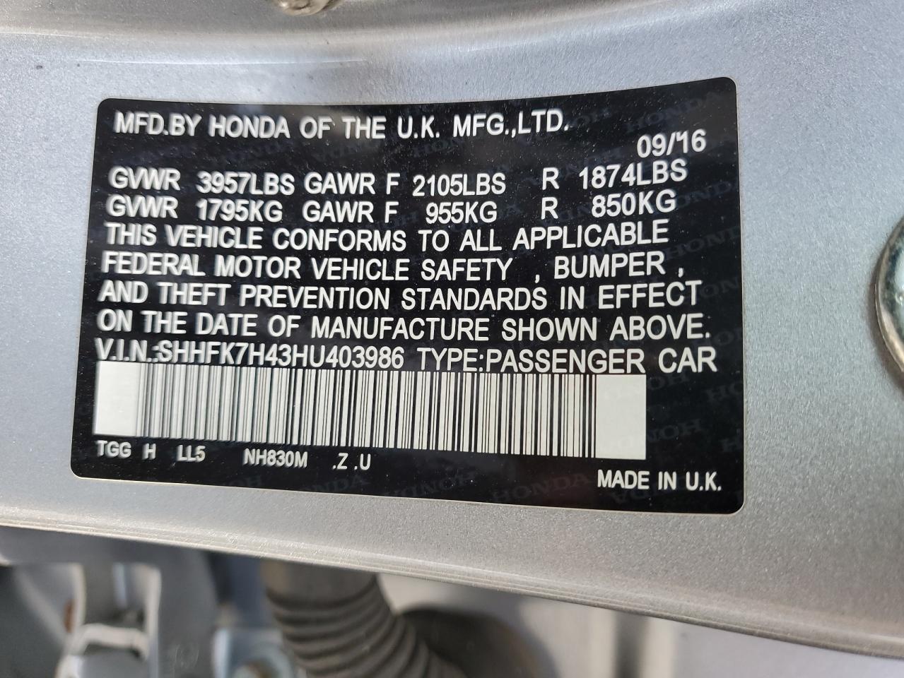2017 Honda Civic VIN SHHFK7H43HU403986 Copart auction photo, side / front end damage thumbnail 14