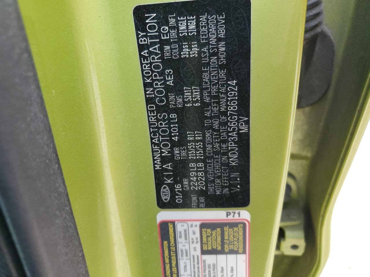 2016 KIA Soul VIN KNDJP3A56G7861924 Copart auction photo, side damage thumbnail 15