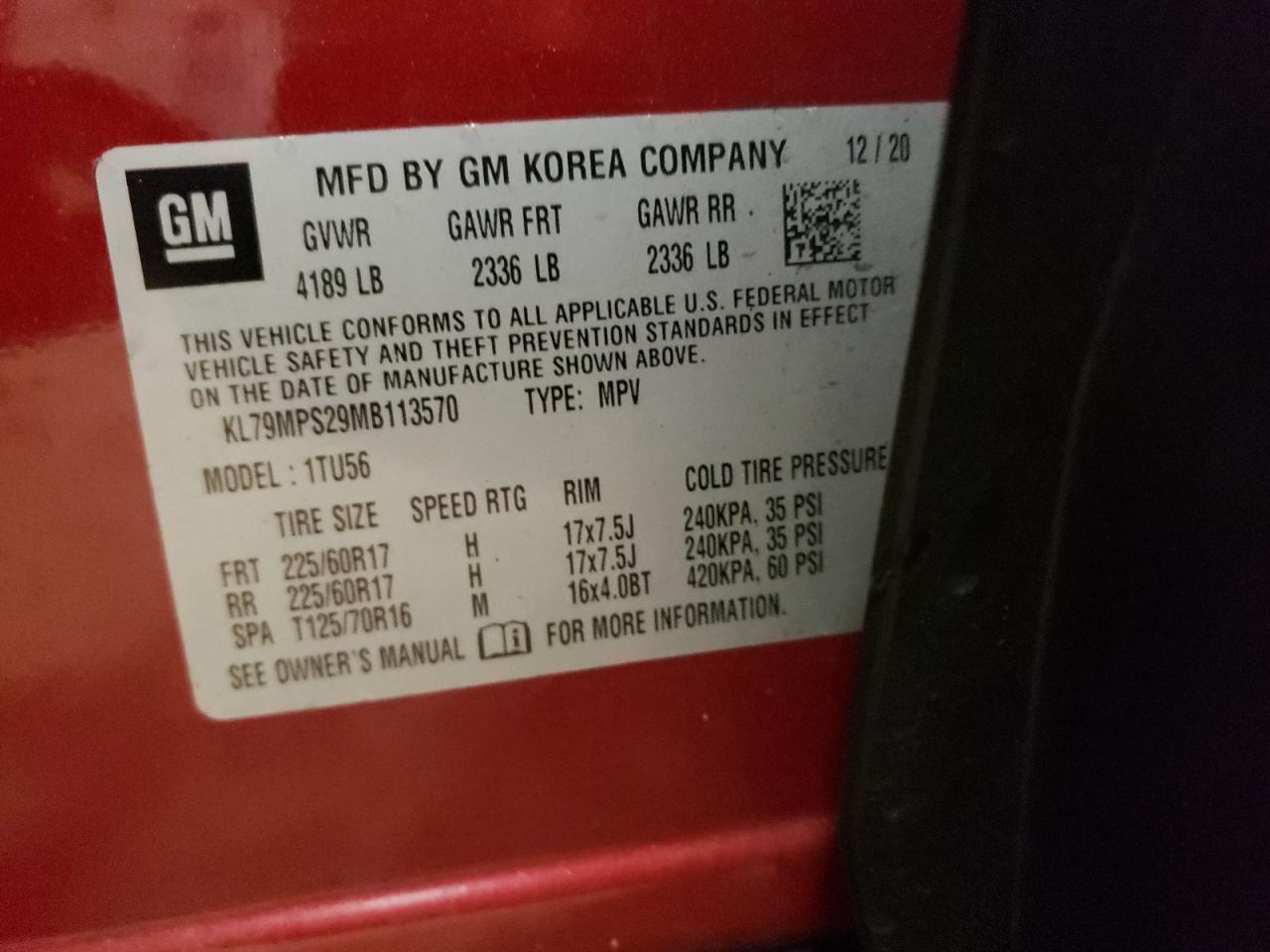 2021 Chevrolet TrailBlazer VIN KL79MPS29MB113570 Copart auction photo, front end / mechanical damage thumbnail 13