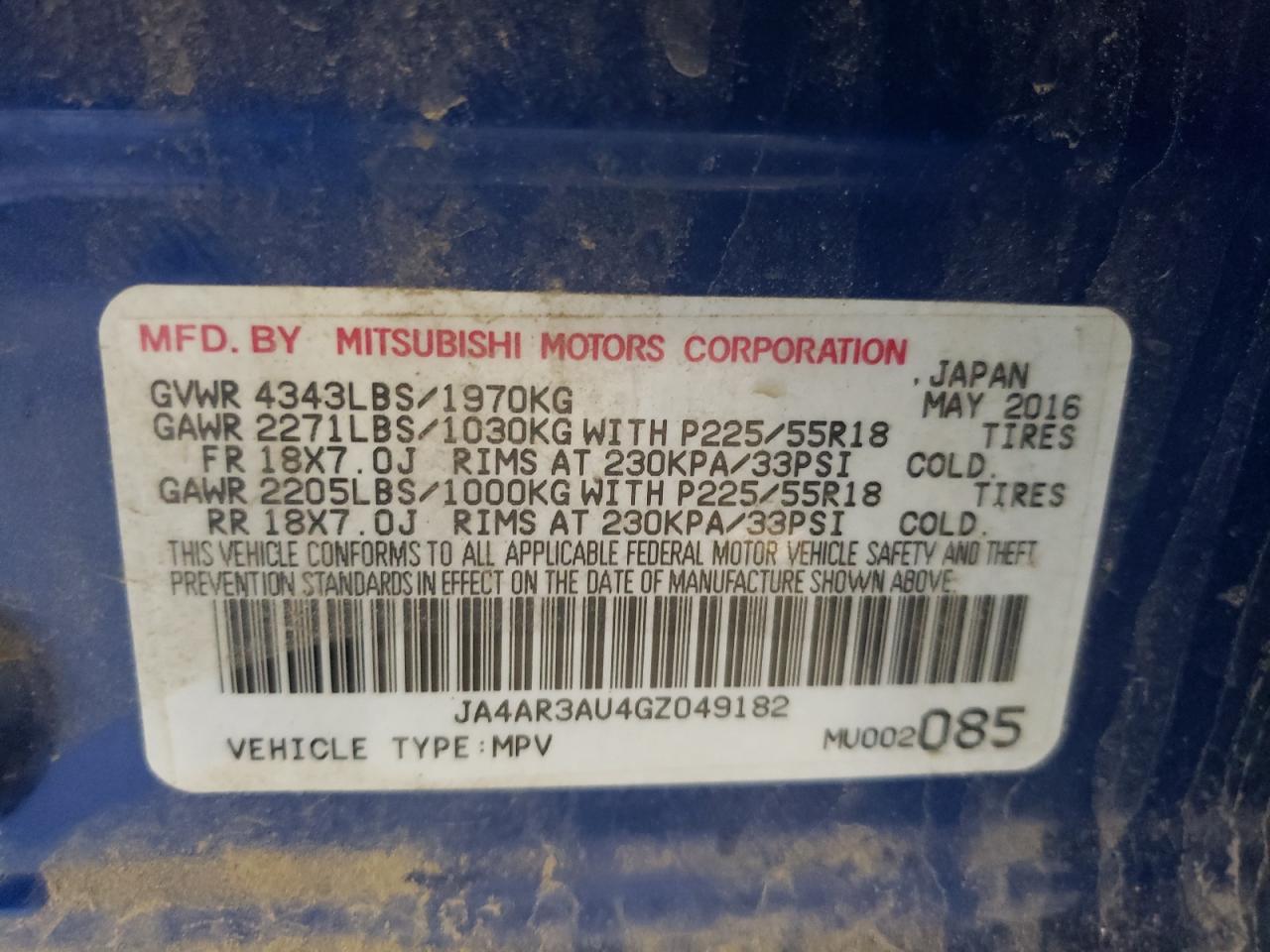 2016 Mitsubishi Outlander VIN JA4AR3AU4GZ049182 Copart auction photo, rollover damage thumbnail 14