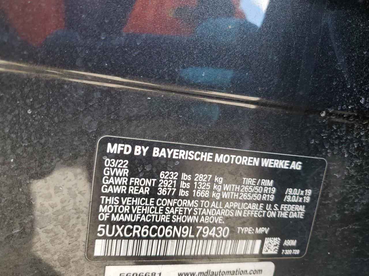 2022 BMW X5 VIN 5UXCR6C06N9L79430 Copart auction photo, rear end damage thumbnail 14