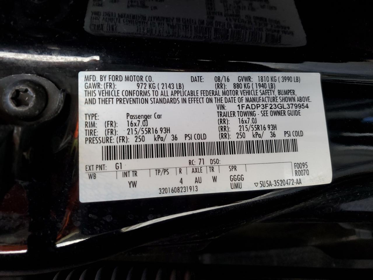 2016 Ford Focus VIN 1FADP3F23GL379954 Copart auction photo, front end / rear end damage thumbnail 15