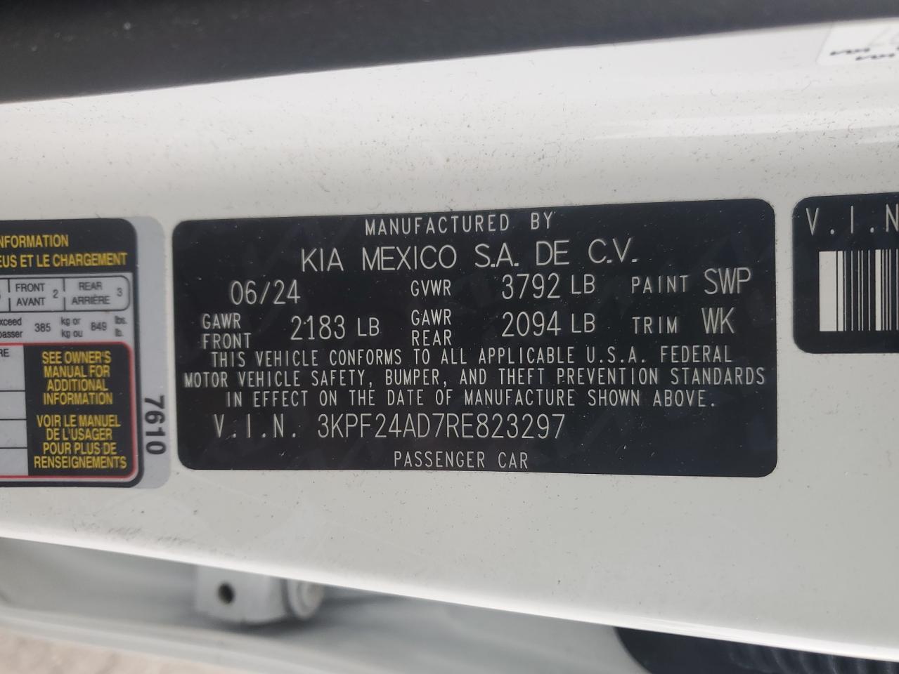 2024 KIA Forte VIN 3KPF24AD7RE823297 Copart auction photo, burn - interior damage thumbnail 13