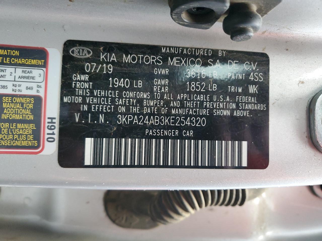 2019 KIA Rio VIN 3KPA24AB3KE254320 Copart auction photo, all over damage thumbnail 12