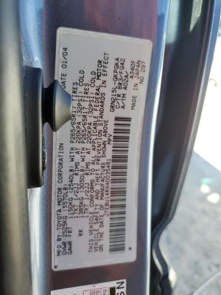 2004 Toyota 4Runner VIN JTEBU14RX40035481 Copart auction photo, frame damage / front end damage thumbnail 12
