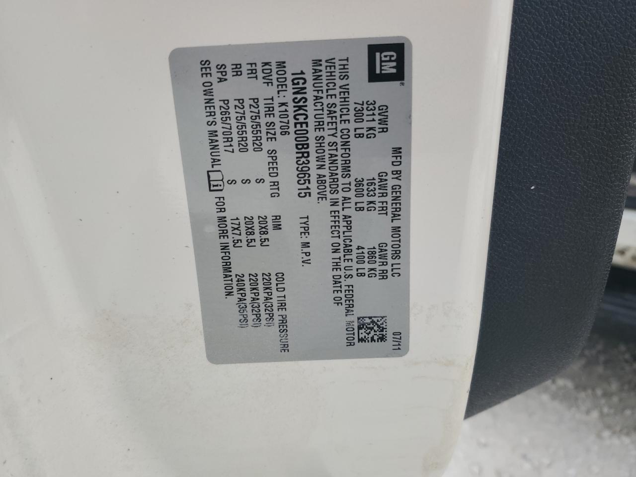 2011 Chevrolet Tahoe VIN 1GNSKCE00BR396515 Copart auction photo, water/flood damage thumbnail 13