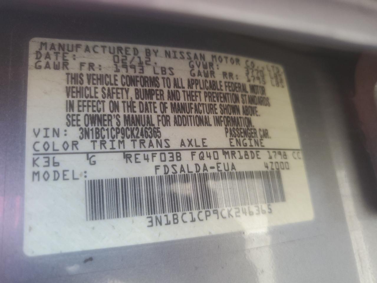 2012 Nissan Versa VIN 3N1BC1CP9CK246365 Copart auction photo, front end damage thumbnail 14