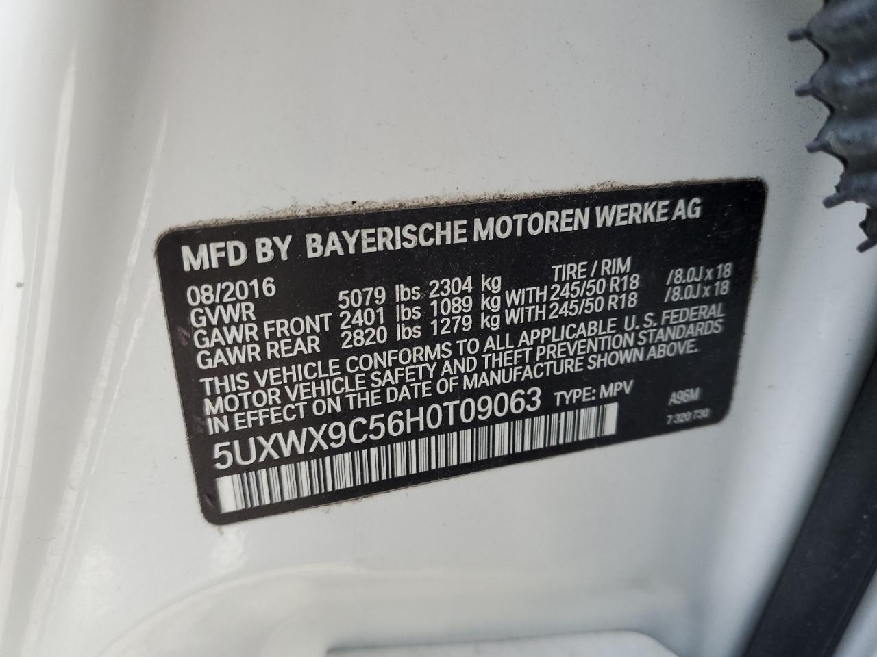 2017 BMW X3 VIN 5UXWX9C56H0T09063 Copart auction photo, front end / minor dent/scratches damage thumbnail 13