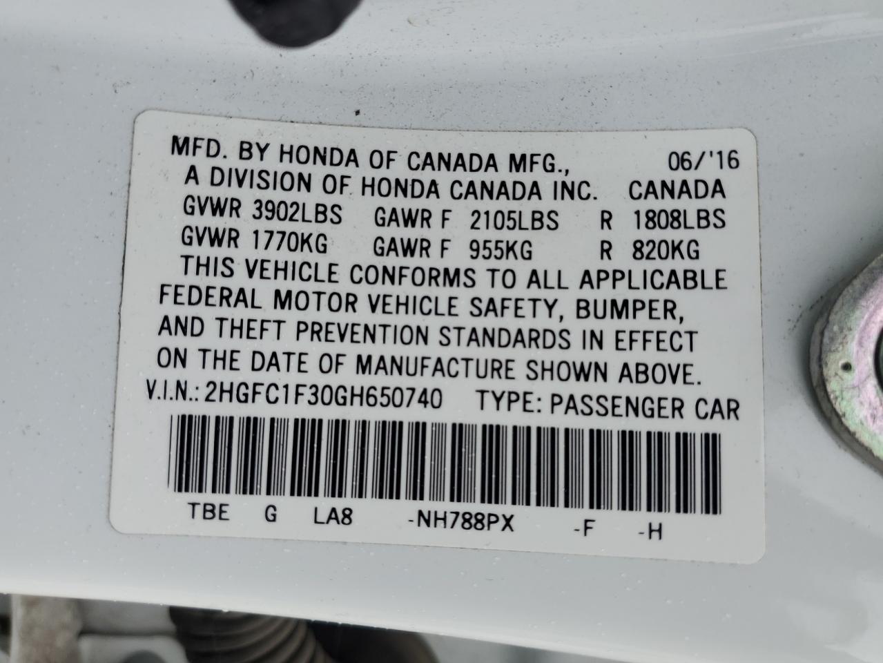2016 Honda Civic VIN 2HGFC1F30GH650740 Copart auction photo, front end damage thumbnail 12