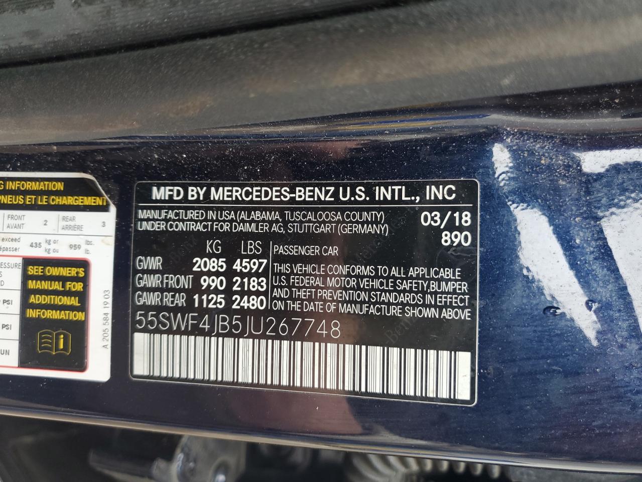 2018 Mercedes-Benz C-klasse VIN 55SWF4JB5JU267748 Copart auction photo, front end damage thumbnail 13