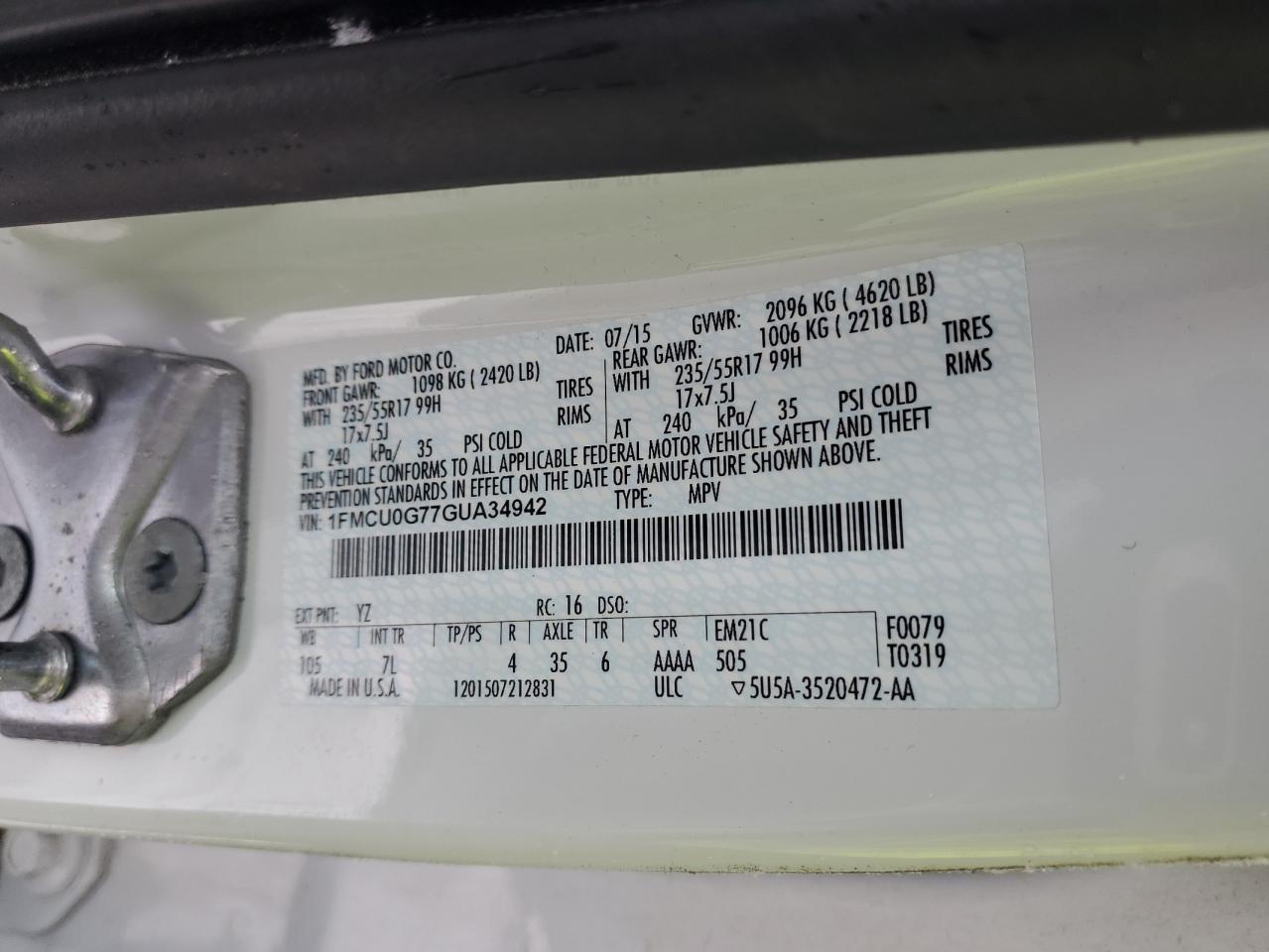 2016 Ford Escape VIN 1FMCU0G77GUA34942 Copart auction photo, front end / minor dent/scratches damage thumbnail 14