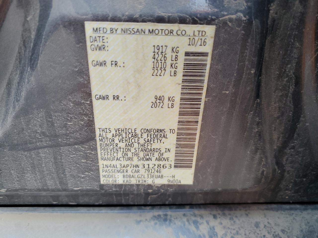 2017 Nissan Altima VIN 1N4AL3AP7HN312863 Copart auction photo, front end damage thumbnail 13