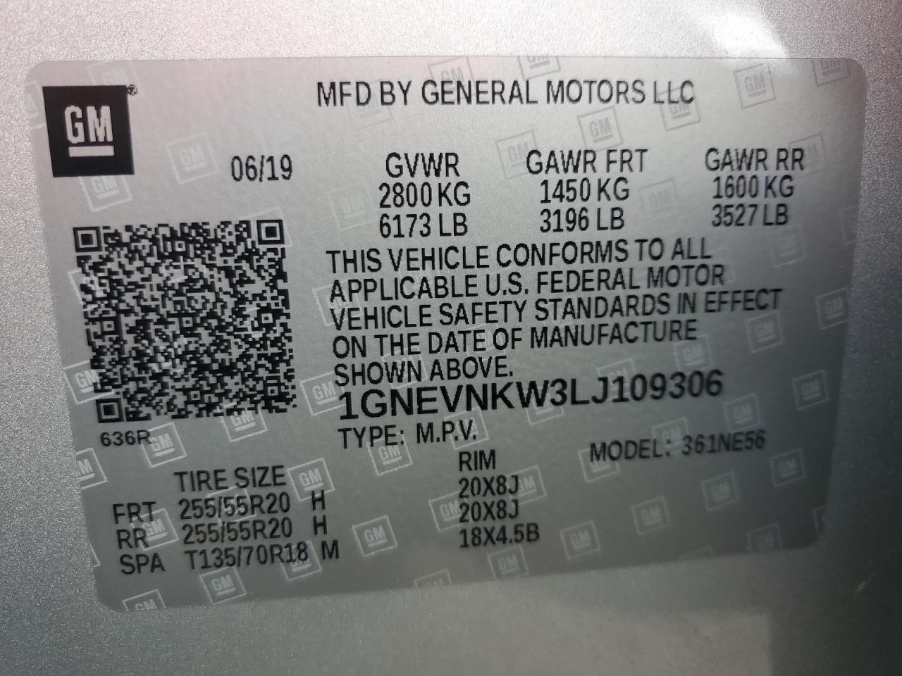 2020 Chevrolet Traverse VIN 1GNEVNKW3LJ109306 Copart auction photo, front end / rear end damage thumbnail 16