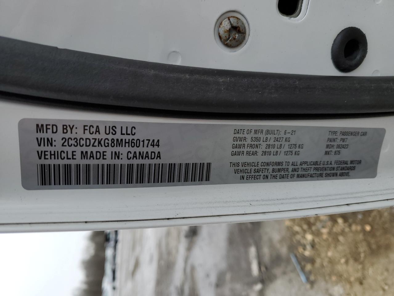 2021 Dodge Challenger VIN 2C3CDZKG8MH601744 Copart auction photo, front end / side damage thumbnail 12