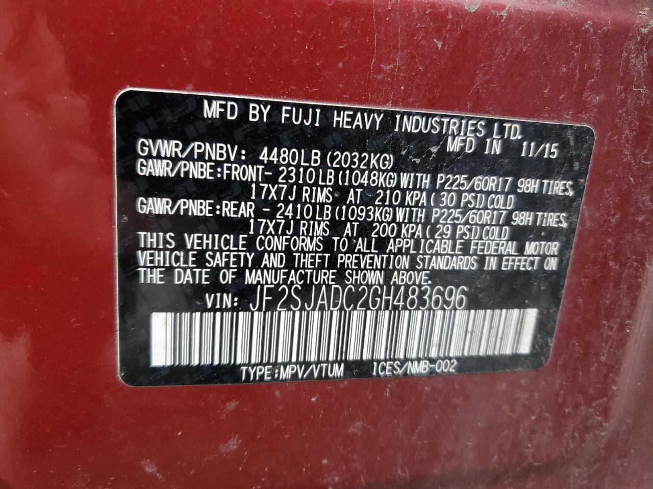 2016 Subaru Forester VIN JF2SJADC2GH483696 Copart auction photo, side / front end damage thumbnail 13