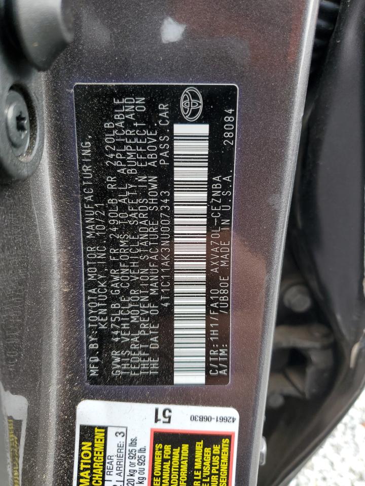 2022 Toyota Camry VIN 4T1C11AK3NU007343 Copart auction photo, side / rear end damage thumbnail 12