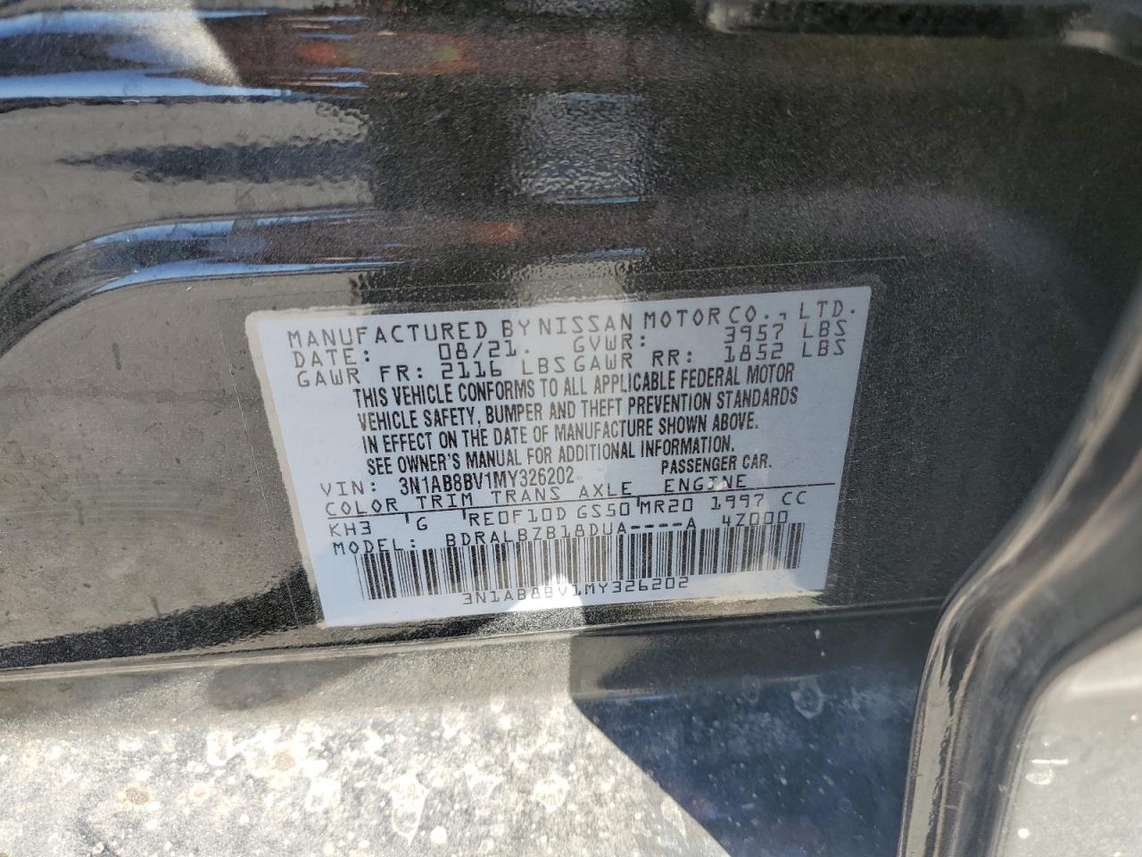 2021 Nissan Sentra VIN 3N1AB8BV1MY326202 Copart auction photo, all over damage thumbnail 13