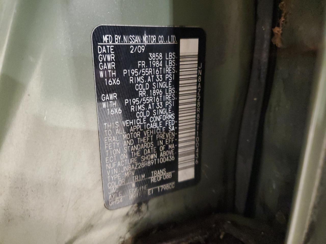2009 Nissan Cube VIN JN8AZ28R89T100436 Copart auction photo, side / mechanical damage thumbnail 13