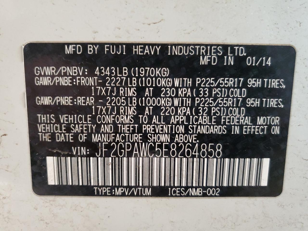 2014 Subaru XV VIN JF2GPAWC5E8264858 Copart auction photo, side / rear end damage thumbnail 13