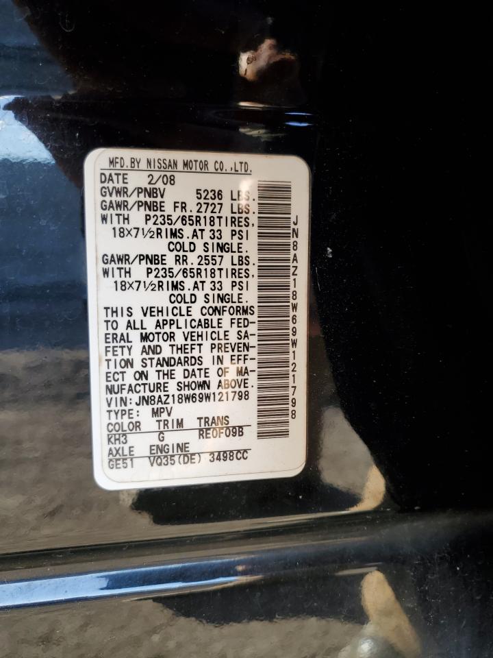 2009 Nissan Murano VIN JN8AZ18W69W121798 Copart auction photo, front end / minor dent/scratches damage thumbnail 13
