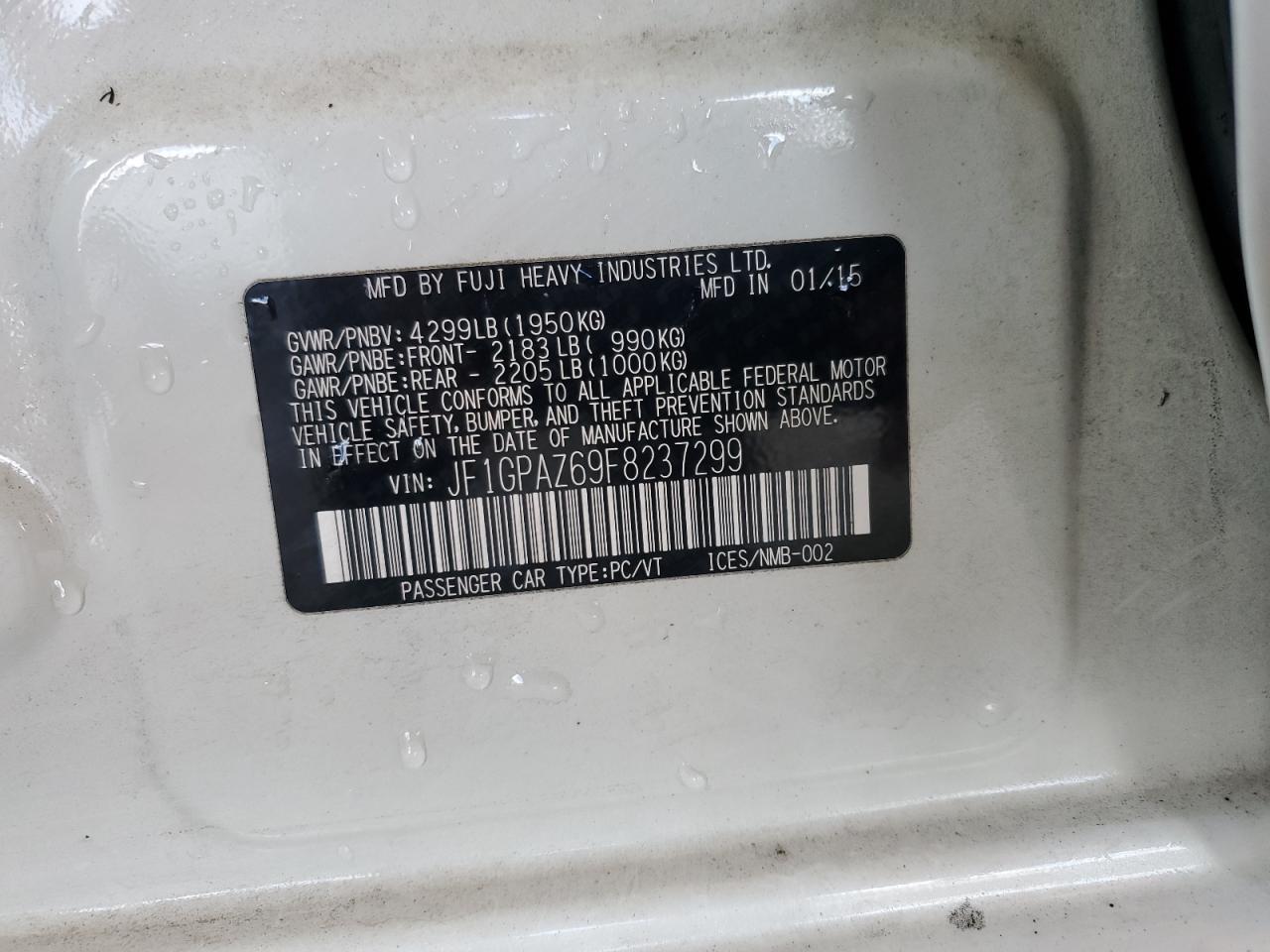 2015 Subaru Impreza VIN JF1GPAZ69F8237299 Copart auction photo, water/flood / minor dent/scratches damage thumbnail 13