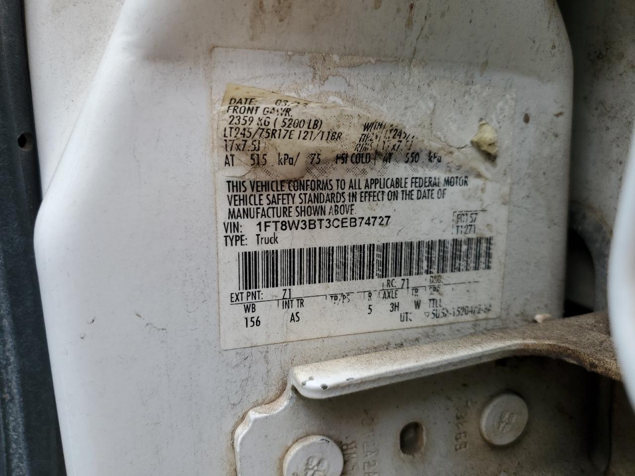 2012 Ford F350 VIN 1FT8W3BT3CEB74727 Copart auction photo, mechanical damage thumbnail 12