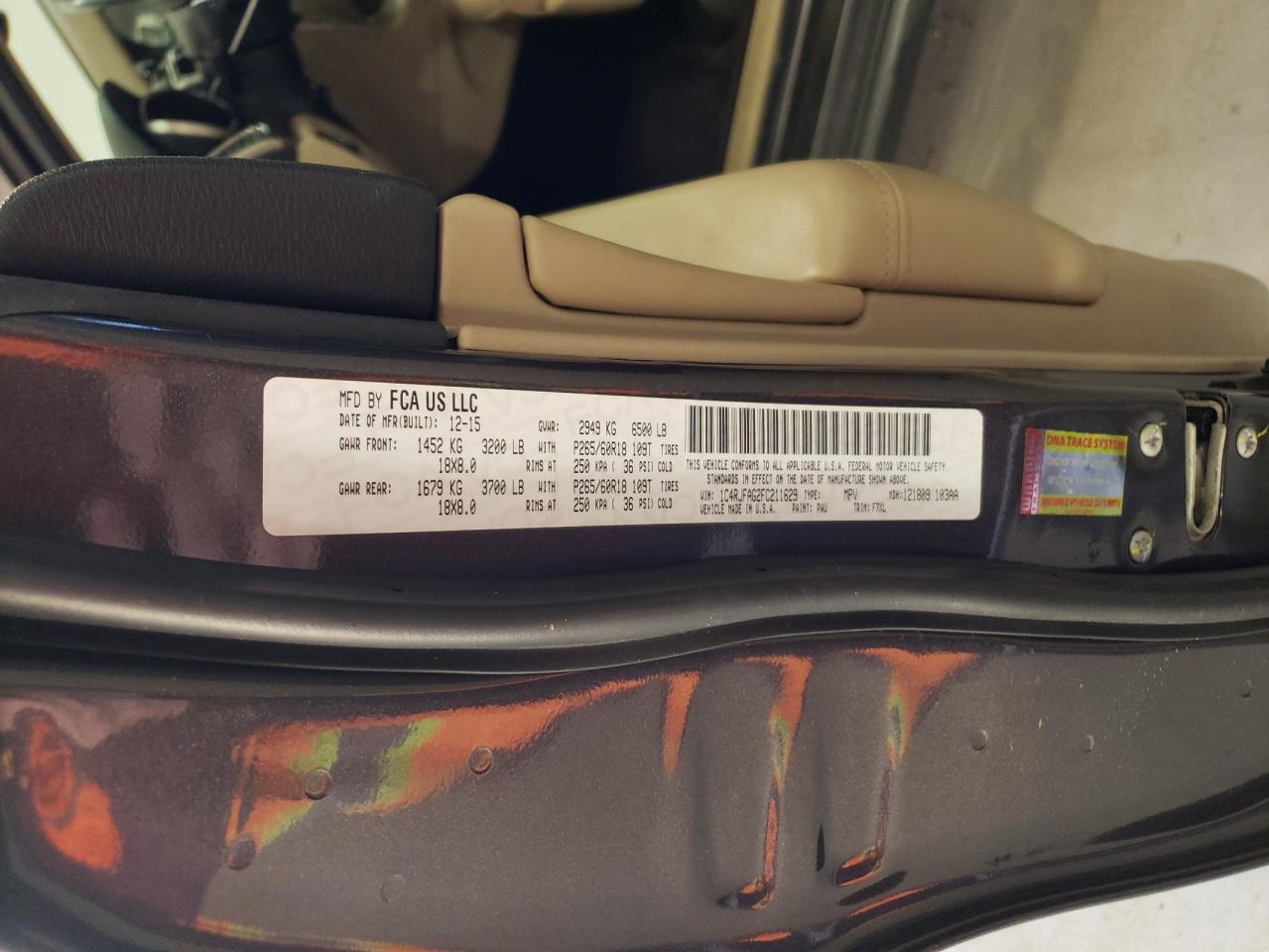 2015 Jeep Grand Cherokee VIN 1C4RJFAG2FC211629 Copart auction photo, front end damage thumbnail 15