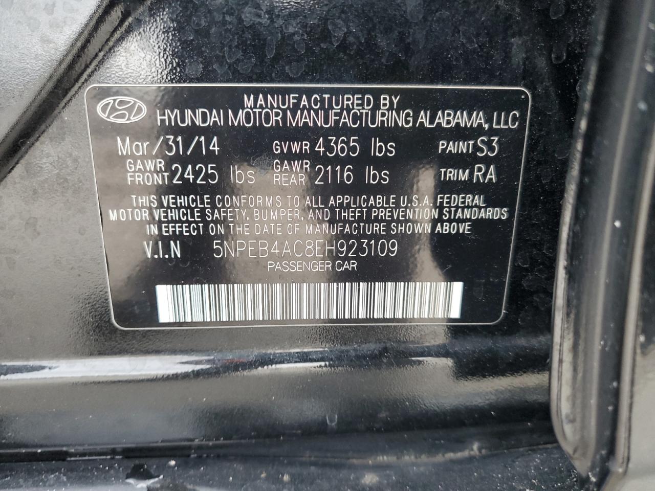 2014 Hyundai Sonata VIN 5NPEB4AC8EH923109 Copart auction photo, front end / rear end damage thumbnail 12
