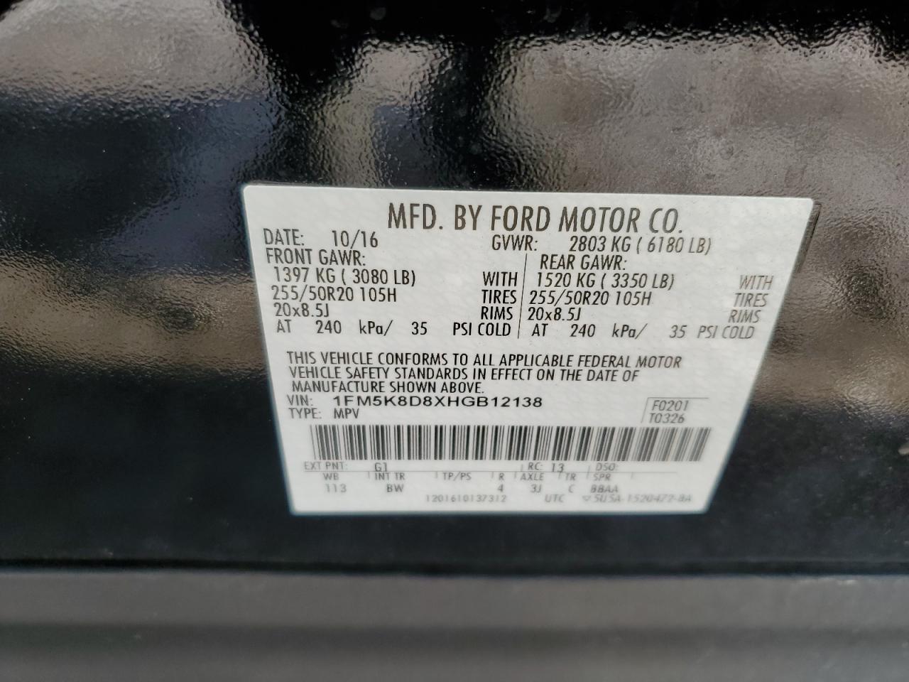 2017 Ford Explorer VIN 1FM5K8D8XHGB12138 Copart auction photo, rear end damage thumbnail 13