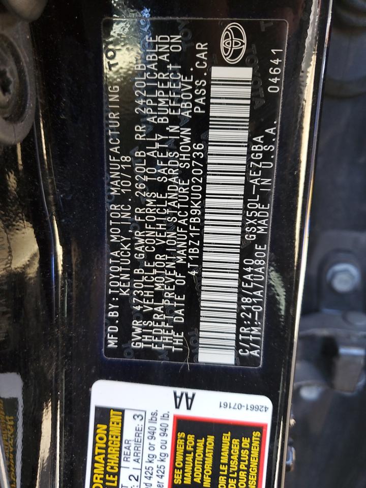 2019 Toyota Avalon VIN 4T1BZ1FB9KU020736 Copart auction photo, front end / rear end damage thumbnail 14