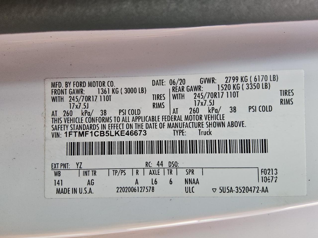 2020 Ford F-150 VIN 1FTMF1CB5LKE46673 Copart auction photo, side / minor dent/scratches damage thumbnail 12