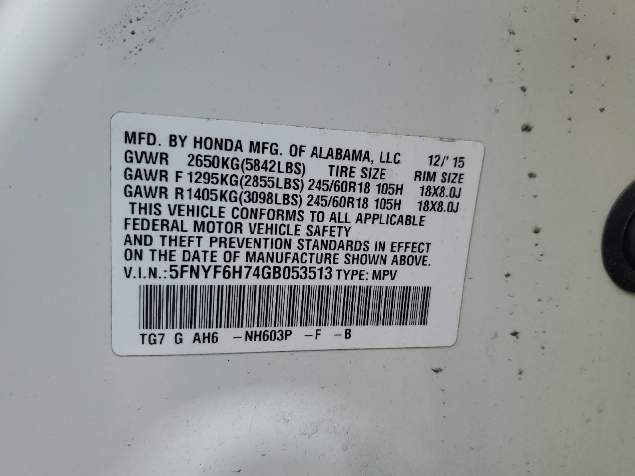 2016 Honda Pilot VIN 5FNYF6H74GB053513 Copart auction photo, front end damage thumbnail 13