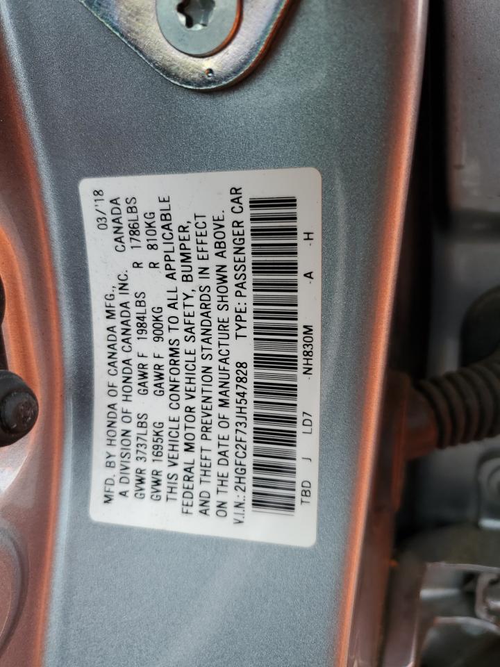 2018 Honda Civic VIN 2HGFC2F73JH547828 Copart auction photo, rear end / front end damage thumbnail 14