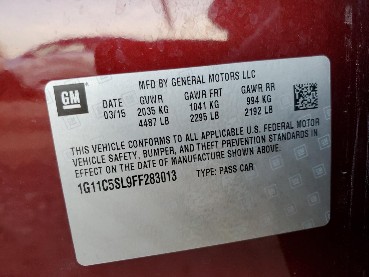 2015 Chevrolet Malibu VIN 1G11C5SL9FF283013 Copart auction photo, side damage thumbnail 13