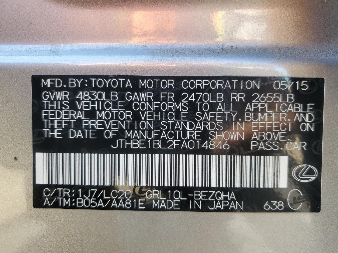 2015 Lexus GS VIN JTHBE1BL2FA014846 Copart auction photo, front end / minor dent/scratches damage thumbnail 14