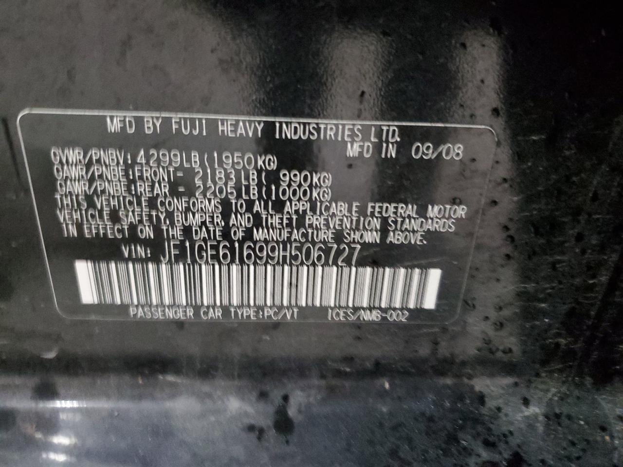 2009 Subaru Impreza VIN JF1GE61699H506727 Copart auction photo, front end damage thumbnail 12