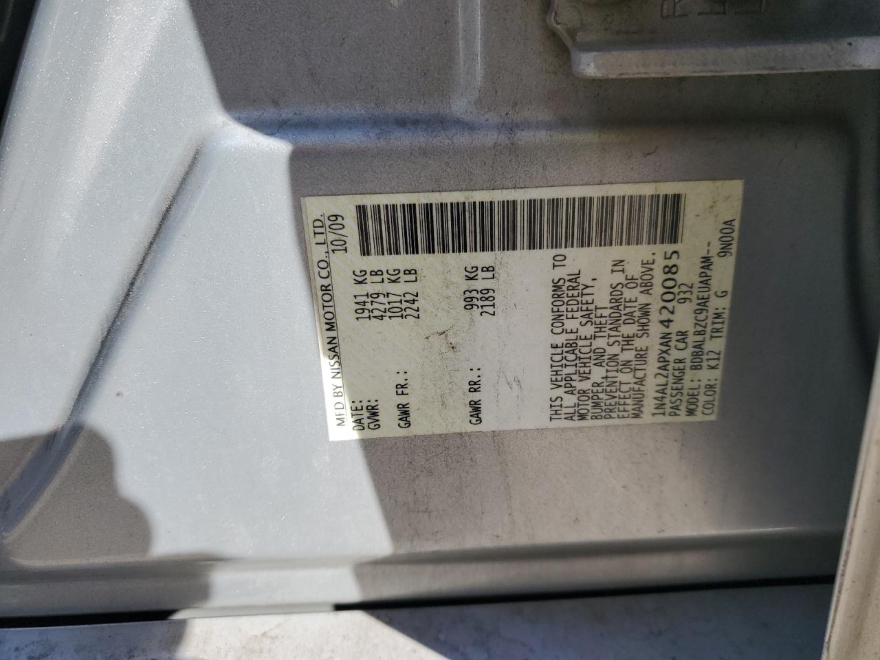2010 Nissan Altima VIN 1N4AL2APXAN420085 Copart auction photo, rear end / all over damage thumbnail 12