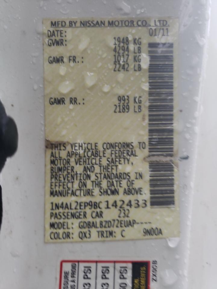 2011 Nissan Altima VIN 1N4AL2EP9BC142433 Copart auction photo, side / front end damage thumbnail 12