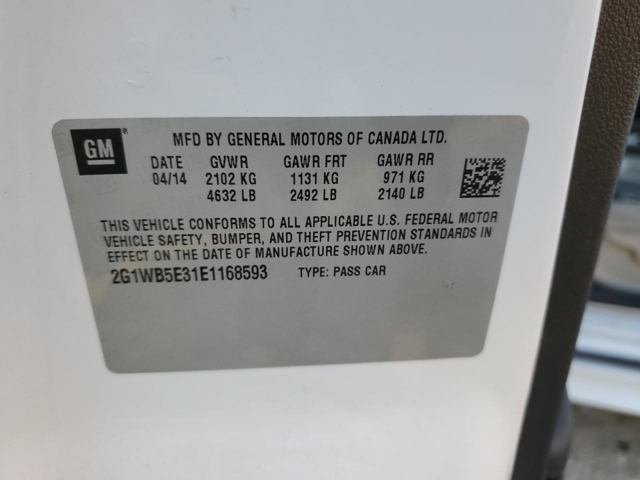 2014 Chevrolet Impala VIN 2G1WB5E31E1168593 Copart auction photo, water/flood damage thumbnail 14